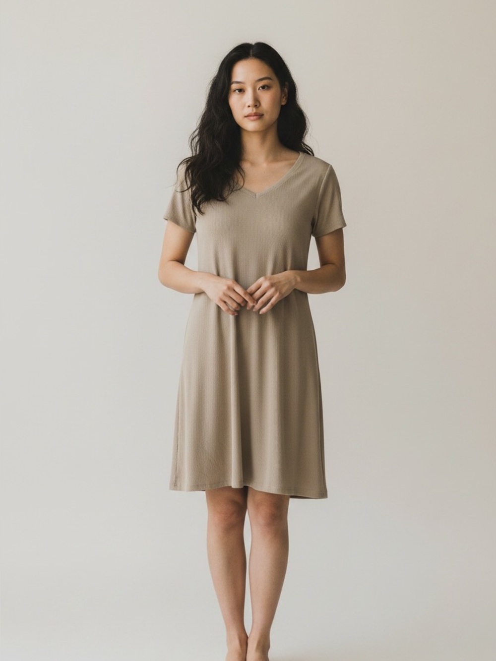 Real Essentials Women's Ribbed Knit Short-Sleeve V-Neck Swing Dress Medium